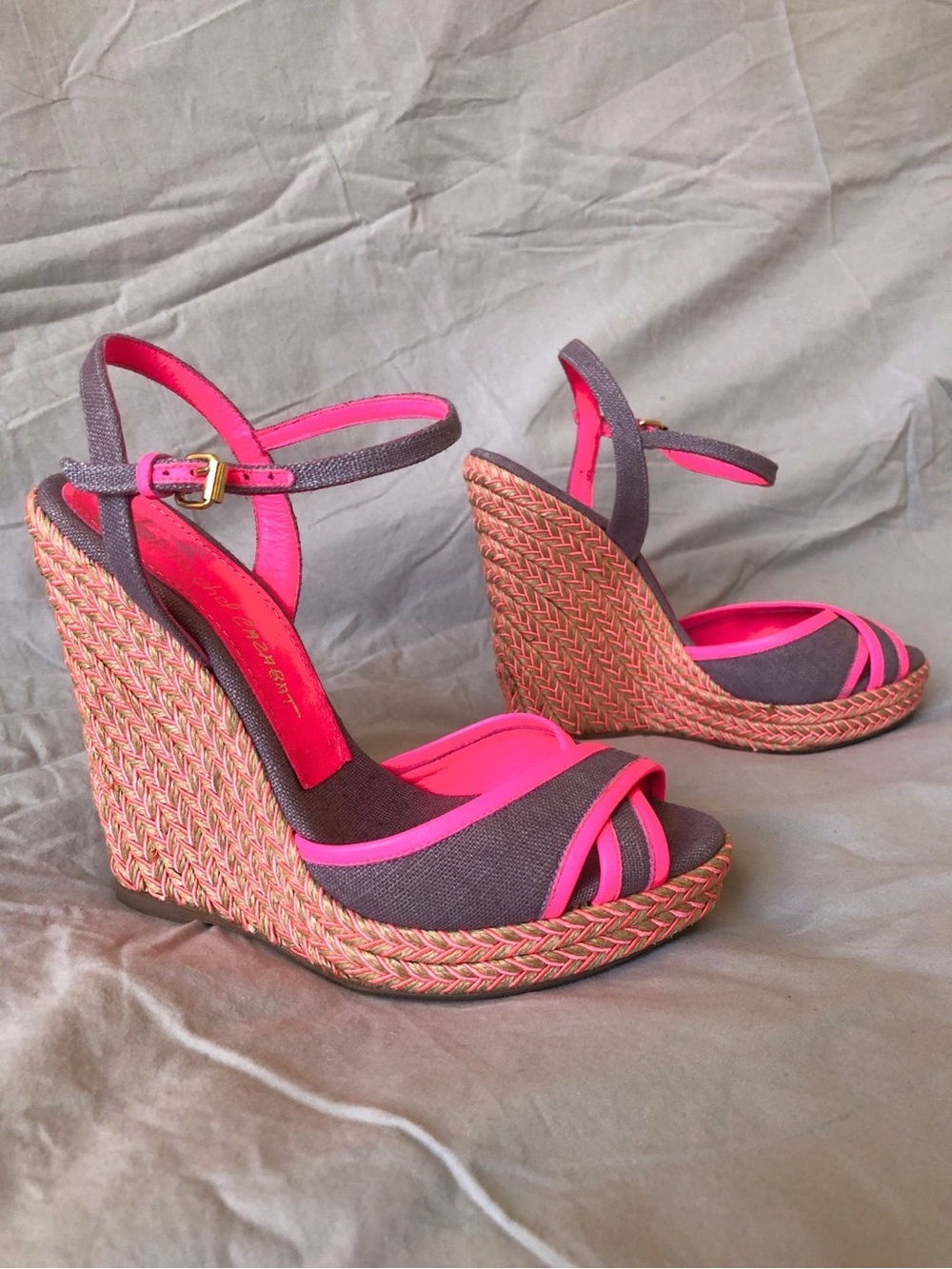 Jean-Michel Cazabat Fatima Wedge Sandals Braided Cross Toe Neon Pink Sz 36.5